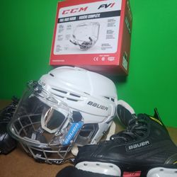 Set Of Hockey Skates, Helmet, Two Shields 