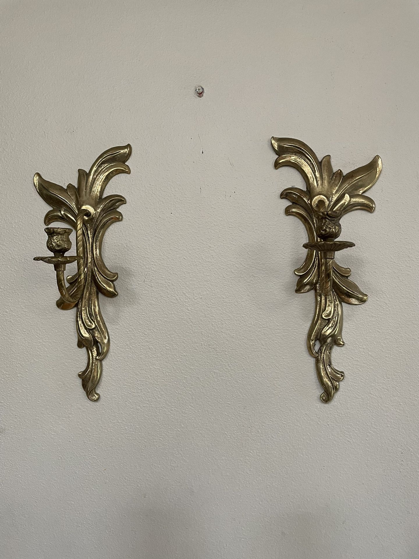 Vintage Pair Brass Baroque Wall Sconces Candle Holder 15”x6”