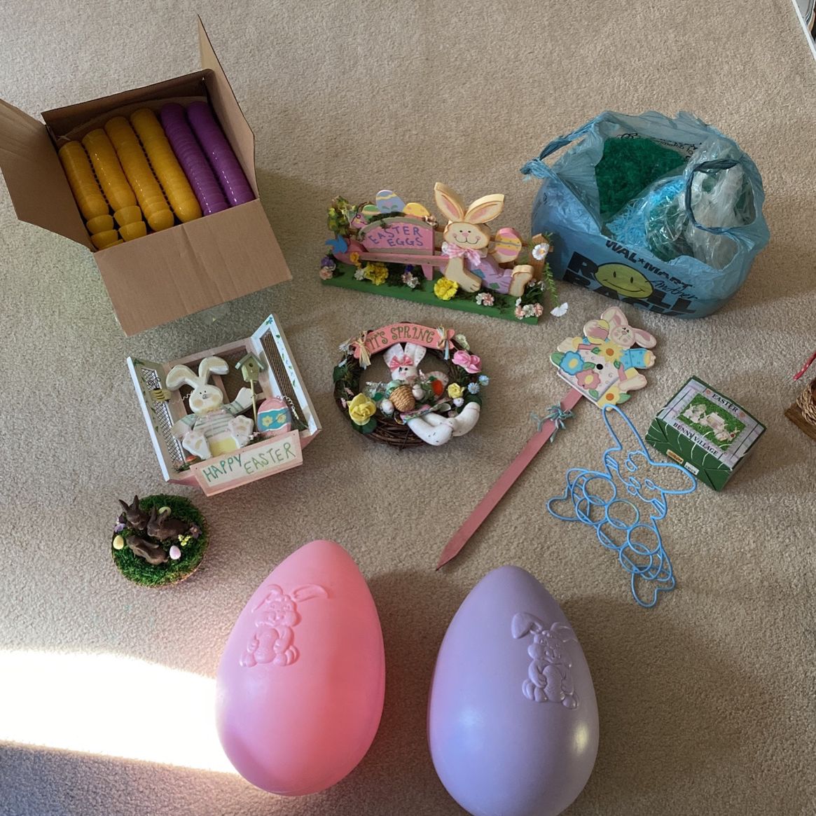 Assorted Easter Decor And Plastic Eggs