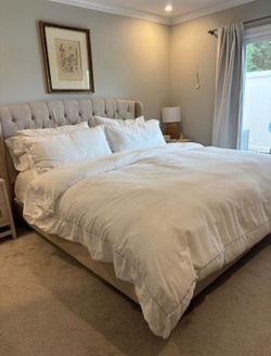 King Size Upholstered Bed Frame – Tufted Wingback Headboard