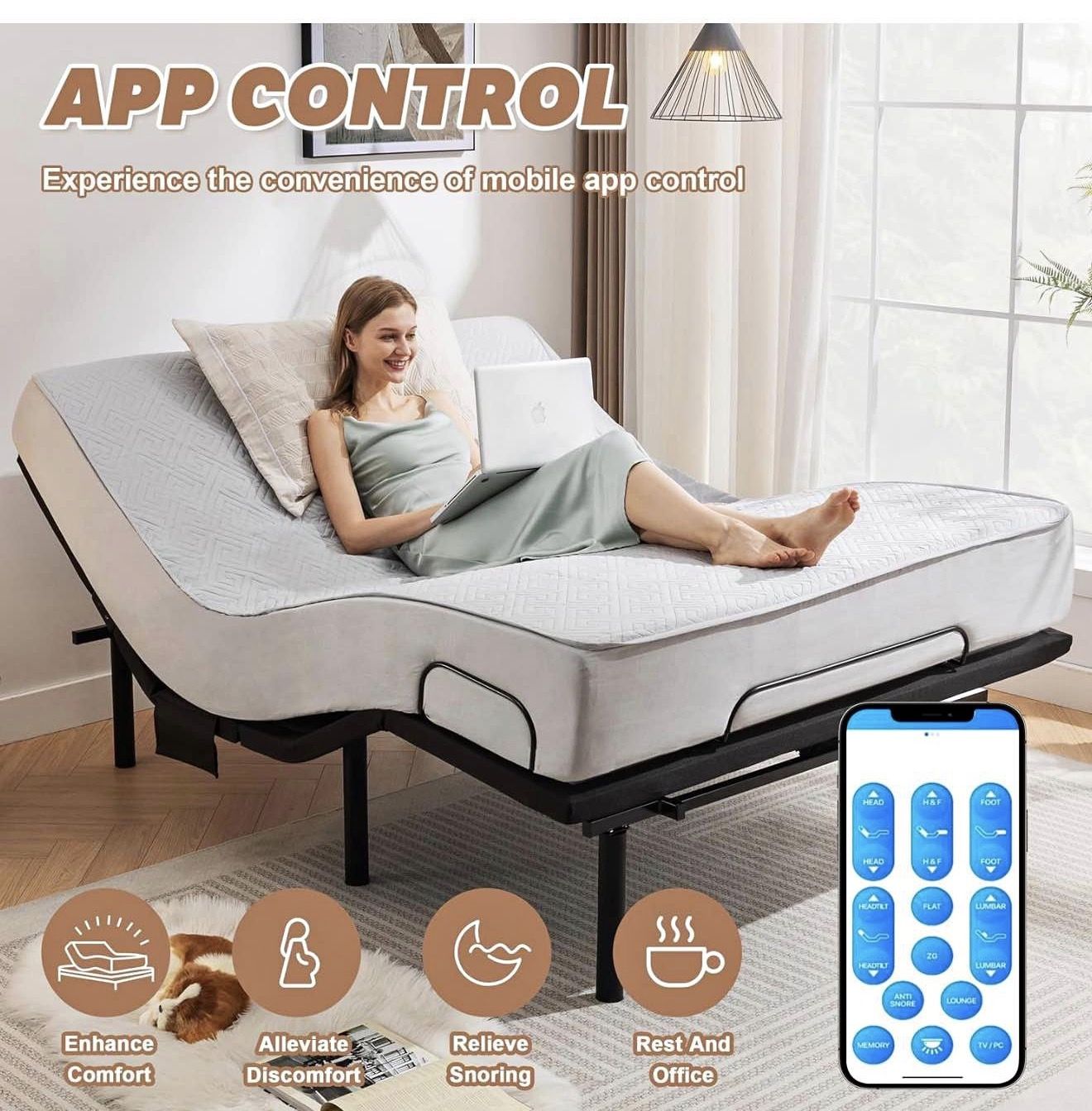 Adjustable Bed Frame, Adjustable Bed Base with 4 Height Adjustable Leg, Adjustable Bed with Massage, Electric Bed with Wireless Remote, Head and Foot 