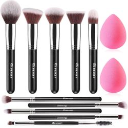 BEAKEY Makeup Brushes Set, Professional Foundation Eyeshadow Concealer Blush Powder Bronzer Applicator, 2 Blender Sponge with Beauty Paper Case