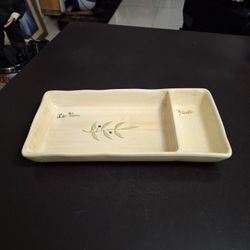 Heavy Porcelain Divided Serving Dish, Buttermilk With Lovely Design 12" X 6"