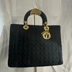 Christian Dior Lady Dior Cannage Hand Bag Purse Nylon Vintage Black 