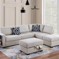 3-pc Sectional Sofa With Storage Ottoman Boucle Gray Or Beige 