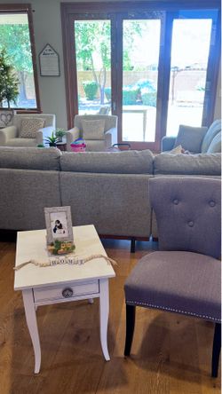 Farmhouse Ethan Allen Nightstand/Side Table and Gray Tufted Side Chair.