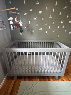 Gray Wood Baby Crib with Mattress