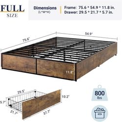 Full Size Metal Bed Frame with 2 Storage Drawers, Heavy-Duty Steel Frame with MDF Wood Panels, Flexible Drawer Placement, Easy Assembly, Noise-Free Su