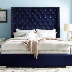 Brand New Blue Velvet Upholstery Upholstered Bed Queen Bed 
