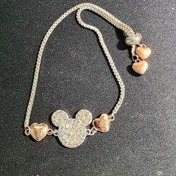 Mickey Mouse Bracelet Pave Crystal Mickey Ear Charm Silver Rose Gold Tone Chain