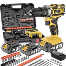 20V Cordless Drill/Driver, Electric Screwdriver - 2 Batteries, 30Nm, 21+1 Torque, 2 Speed, Keyless 3/8" Chase with LED Light (20V Drill (Yellow))