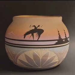 Navajo Native American Bowl Proud Warrior Silhouette Sunset Etched Pottery Vase -Signed