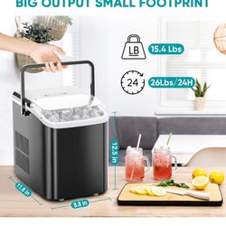 Ice Maker, Portable Countertop Icemaker Machine, Self Cleaning Quiet 2 Sizes Bullet Cubes Makers, 9 Cubes in 6 Mins, 26.5lbs/24Hrs with Ice Scoop, Bas