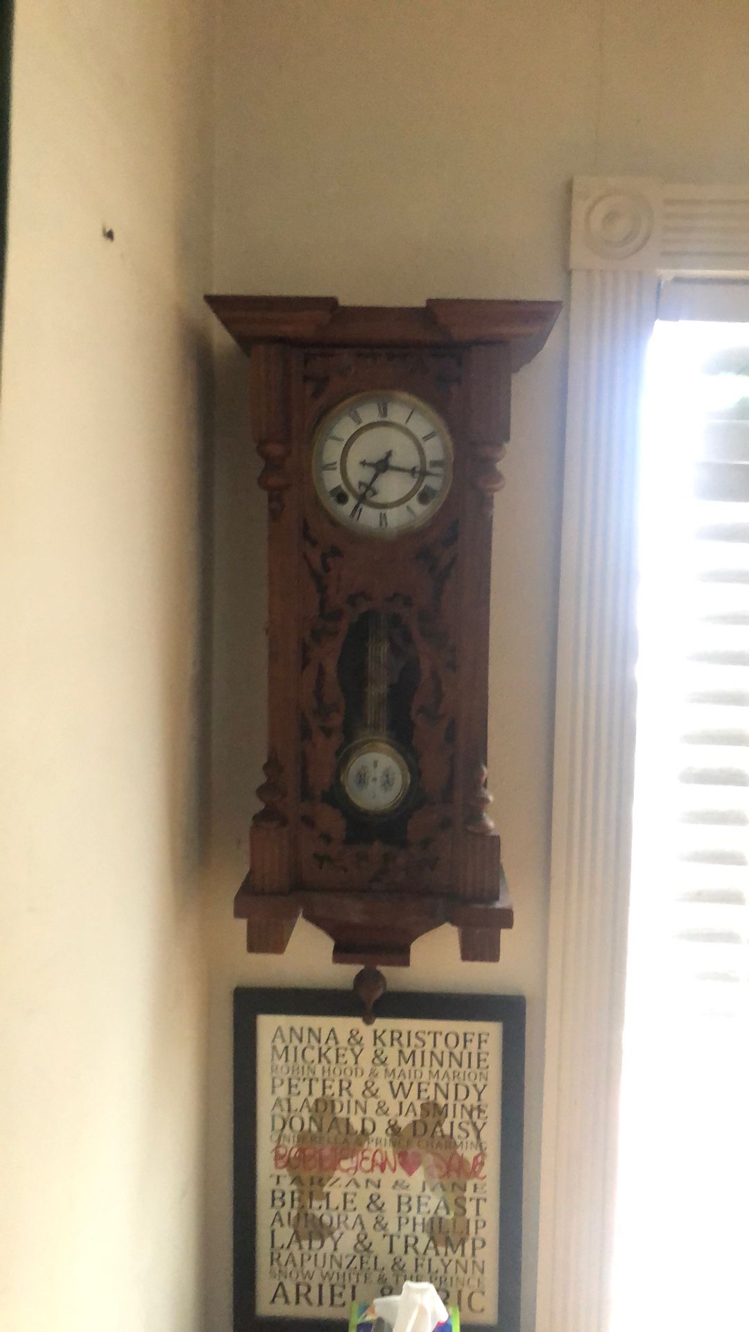 Antique German Walnut Wood Carved Wall Clock by Junghans