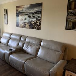 Long Leather Reclining Couch And 2 End Tables