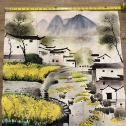Chinese water color painting handmade landscape painting With village Scene