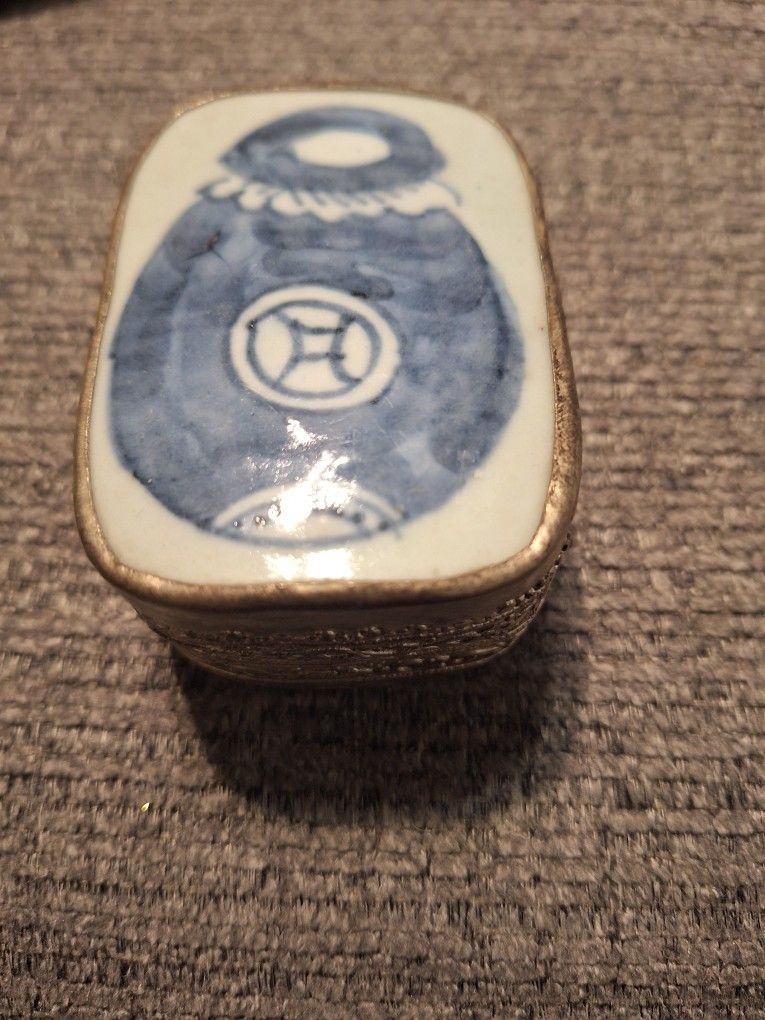 Vintage Antique Chinese Silver & Porcelain Blue & White Inset Trinket Box 5”