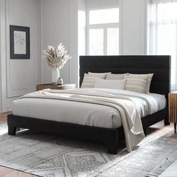 New -King Size Platform Bed Frame with Velvet Headboard/Fully Upholstered Mattress Foundation, No Box Spring Needed, Black
