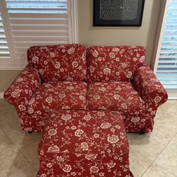 Red Floral 2 Seat Sofa With Matching Foot Rest