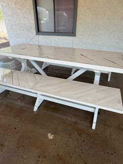 White Wood Outdoor Dining Table with Bench