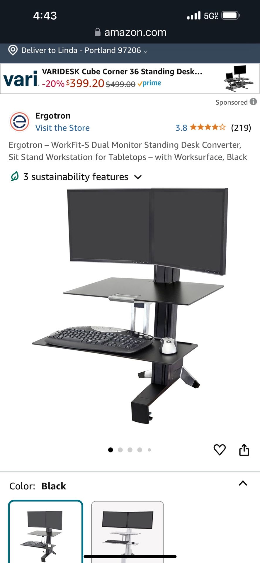 Ergotron – WorkFit-S Dual Monitor Standing Desk Converter, Sit Stand Workstation for Tabletops – with Worksurface, Black