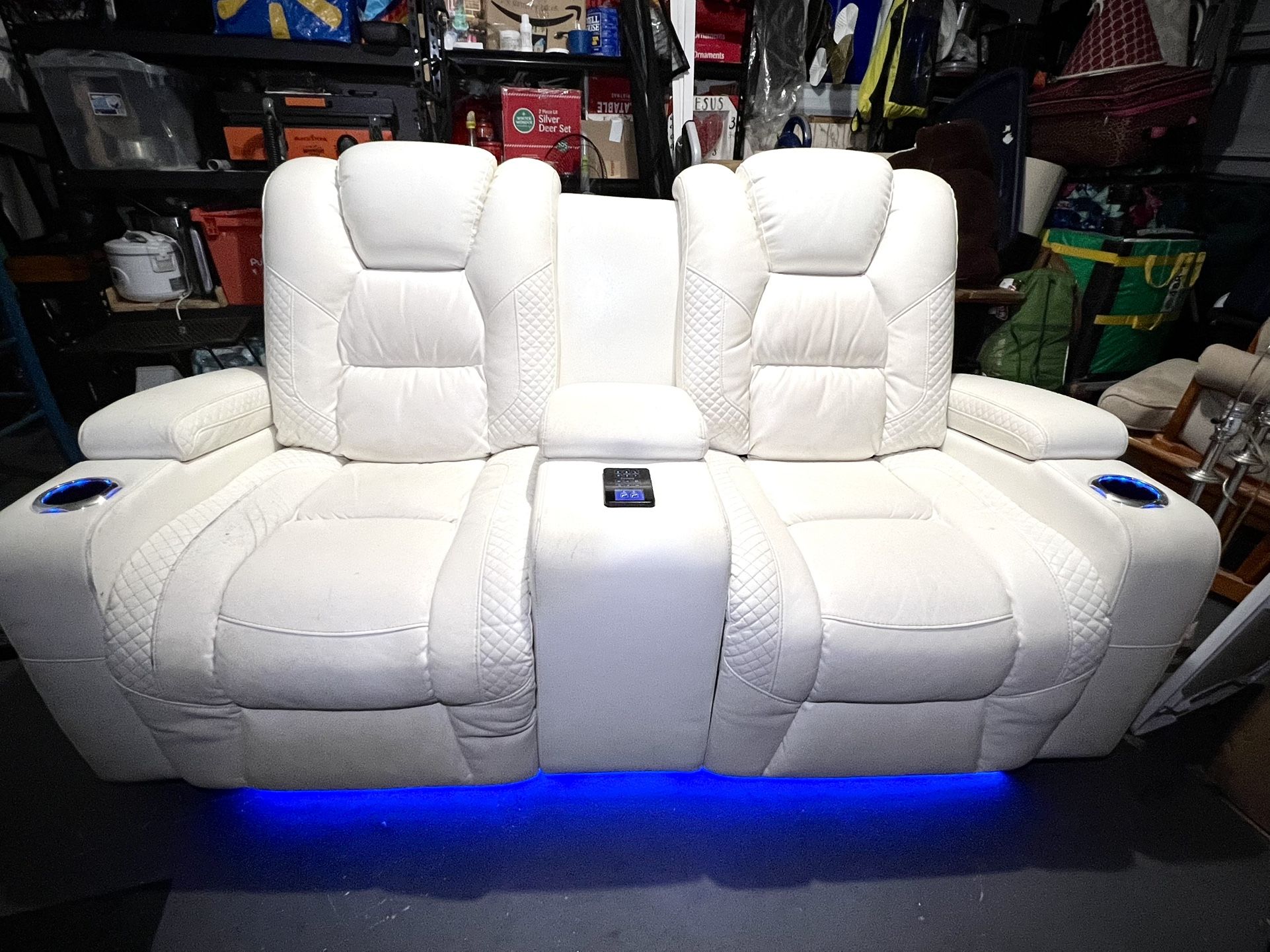 White Leather/ Vinyl Power Reclining Home Theater Console Loveseat with LED’s