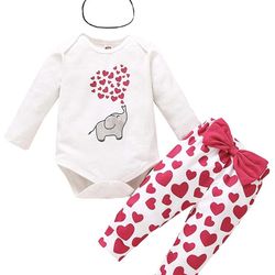 NEW in package Baby Girl Outfit Love Elephant Romper Heart Pant Headband 3PC Clothes Set 6-12 month