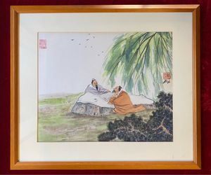 Vintage ORIGINAL Watercolor Painting FRAMED 2 Friends Playing Go