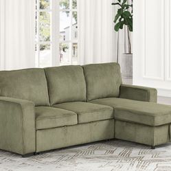 Contemporary Green Corduroy Pull-Out Sleeper Sectional 