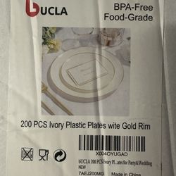 bUCLA 200PCS Ivory Plastic Plates with Gold Rim