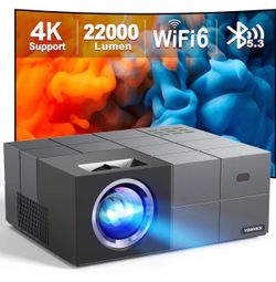 4K Projector with WiFi 6 and Bluetooth 5.3, 22000L Smart Movie Projector, Outdoor Phone Video Projector with 100" Screen, 50% Zoom/450" Display, Compa