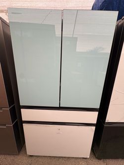 Samsung Bespoke Refrigerator With Beverage Center In Morning Blue And White Glass
