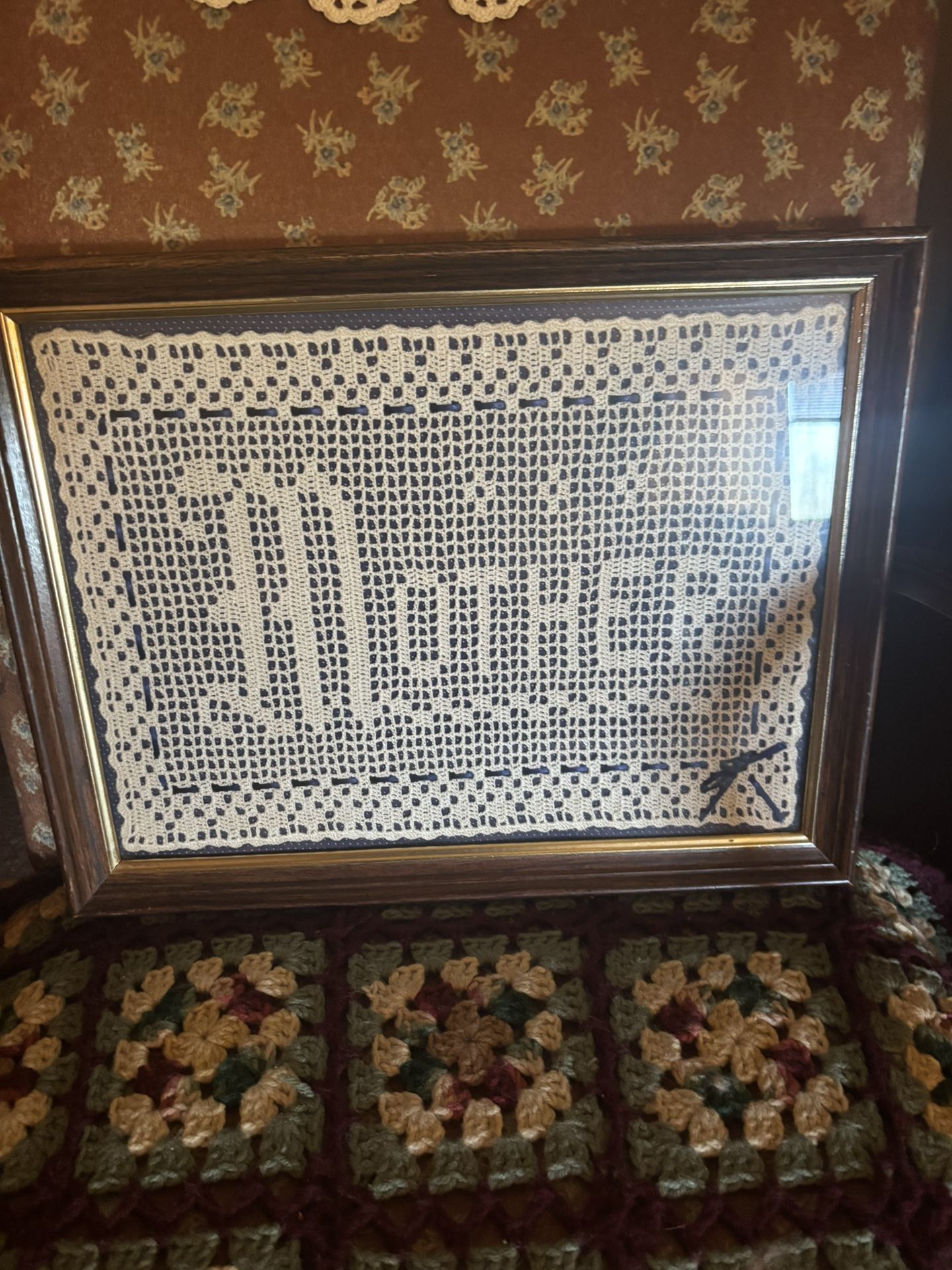 Vintage Framed Fillet Crochet “Mother”
