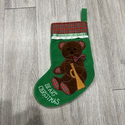 Vintage Christmas Stocking Teddy Bear Green Handmade Fabric 1984 Beary Christmas