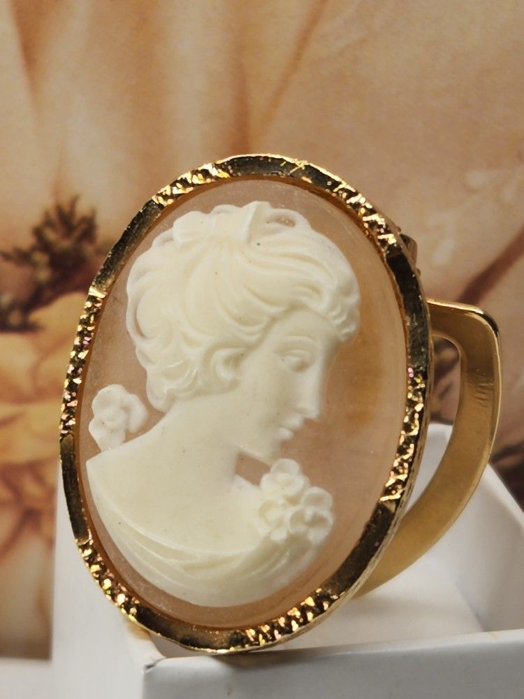 #1578, VINTAGE 14K GP 1970's DRESS-CLIP CAMEO SIGNED C299