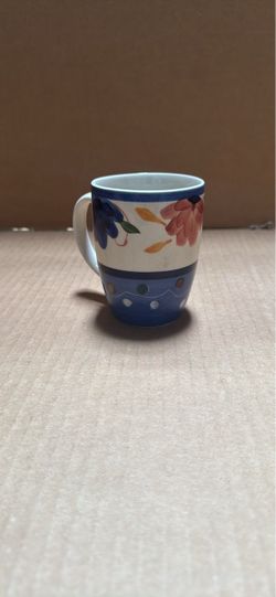 Vintage Hand-Painted Floral & Polka Dot Ceramic Coffee Mug – Blue & Orange Floral
