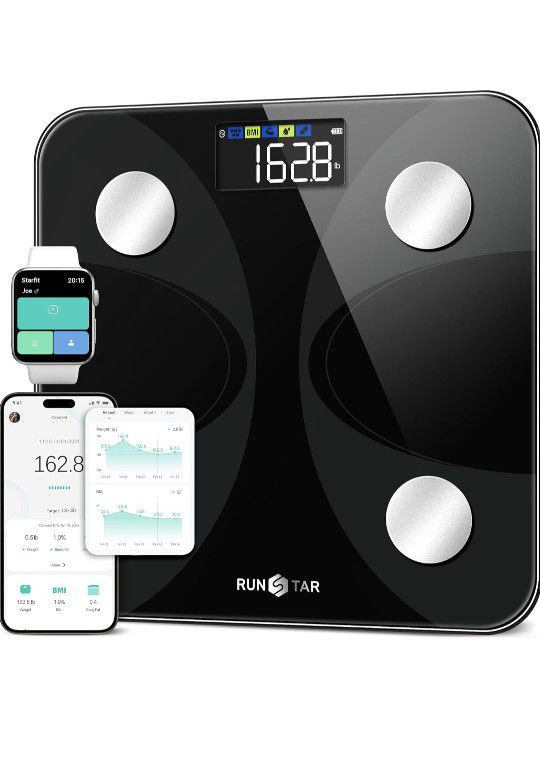 Brand New Smart Scale for Body Weight and Fat Percentage, RunSTAR High Accuracy Digital Bathroom Scale with LED Display for BMI 13 Body Composition 
