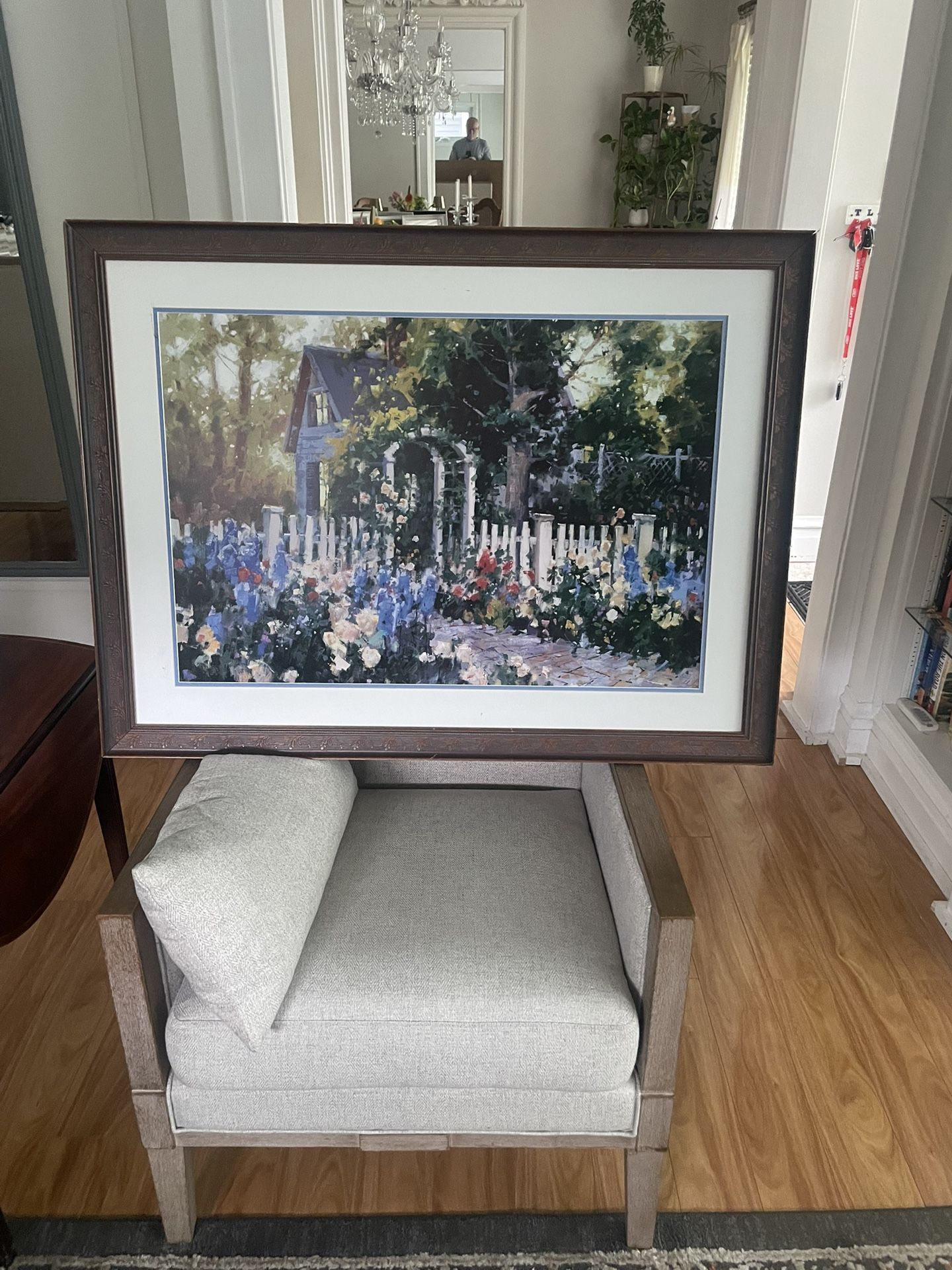 Wooden Ornate Framed Print of home and walkway, 39.5 w, 29.5 hi, $20