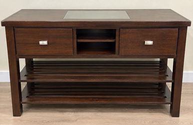 Dark Wood Console Table with Drawers and Shelves
