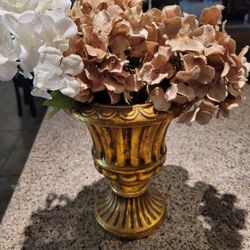 Gold Vase With Fake Hydrangeas 