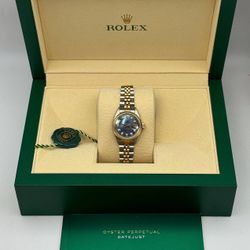 1980s Rolex Datejust 26mm 6917 Dark MOP Diamond Dial Ladies watch Gold Fluted Bezel stainless steel Jubilee Bracelet box tag appraisal