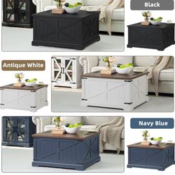 New in box Farmhouse Coffee Table with Large Hidden Storage Compartment, Rustic Black Square Center Table, Wood Low Farm House Modern Living Room Tabl