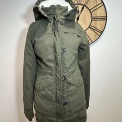 Hollister Womens Hooded Jacket Parka Faux Fur Sherpa Lined Coat Dark Green SMALL