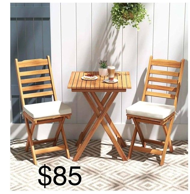 Wood Bistro Set with Cushions - Outdoor Folding Patio Furniture, Table & 2 Chairs for Backyard, Balcony, Poolside - Natural Finish