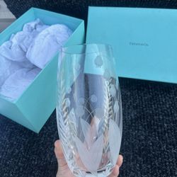 Tiffany & Co Etched Floral Crystal Vase Made in Hungary with Box