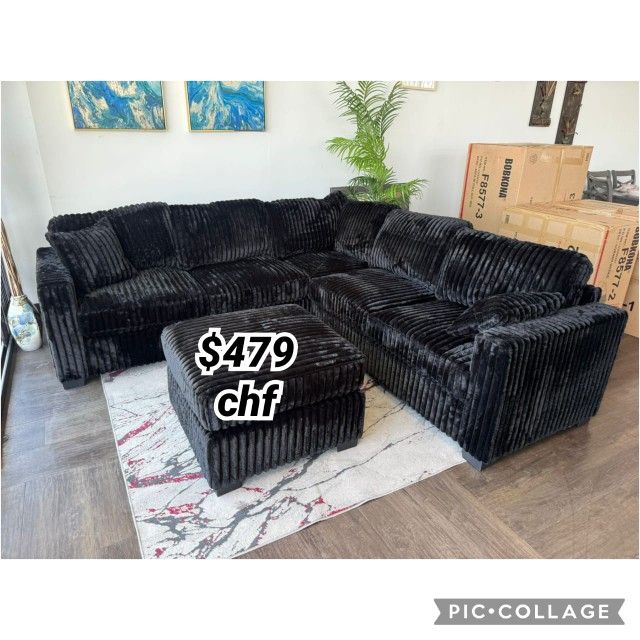 Black Jumbo Corduroy Sectional Sofa With Ottoman