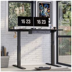 Electric Height Adjustable Standing Desk with Drawer, 55 x 24 Inches with Splice Board, Black Frame/Black Top