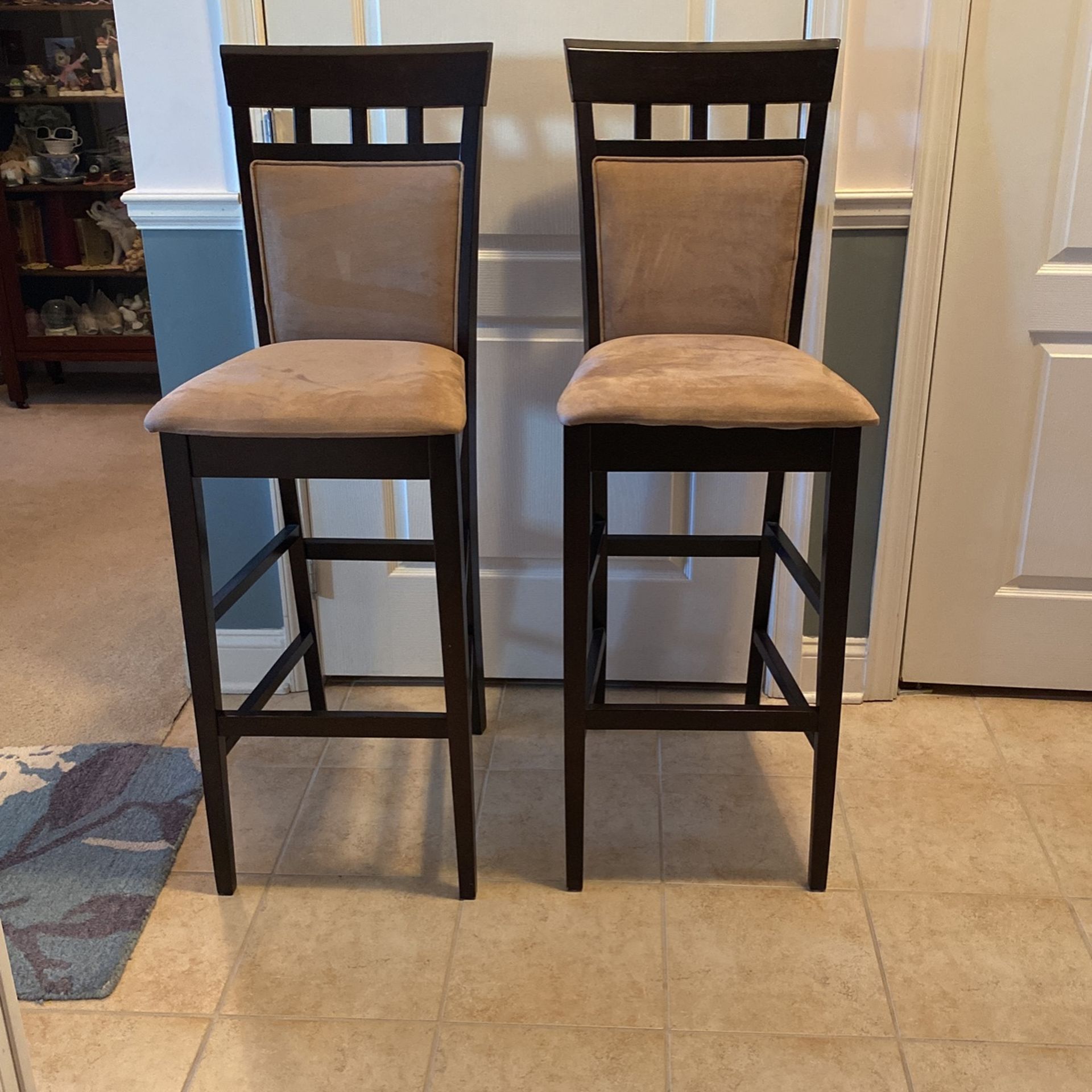 Two Espresso Colored Counter Or Bar stools Great Condition. 47 1/2 “ H, To Cushion 30 Inches High, Seat . Beige Color Cushions - Dark Wood