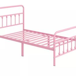 Twin Size Metal Platform Bed with High Headboard and Footboard, Twin, Pink