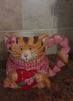 Valentines cat with hearts hand-painted mug